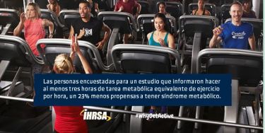 Las personas encuestadas para un estudio que informaron hacer al menos tres horas de tarea metabólica equivalente de ejercicio por hora, un 23% menos propensas a tener síndrome metabólico.